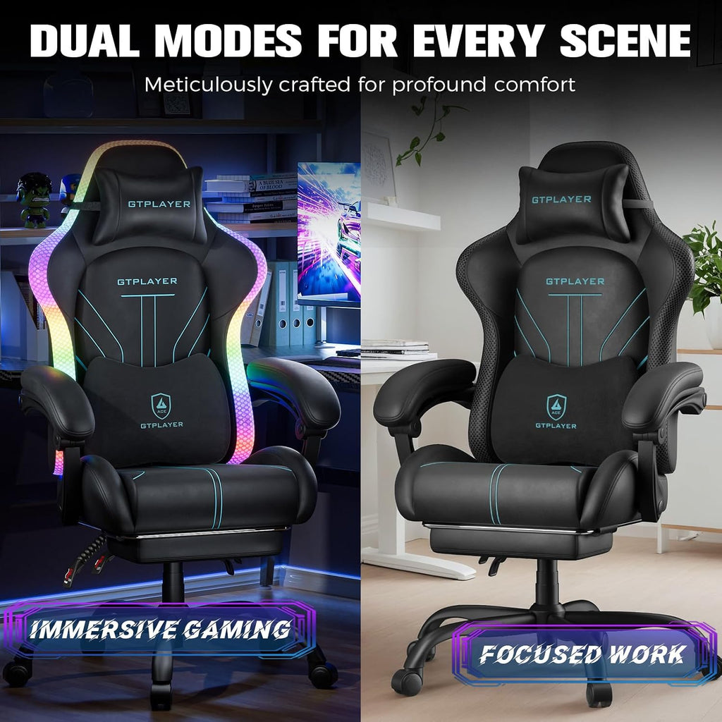 GTPLAYER Gaming Chair, Computer Chair with RGB LED Lights, High Back Ergonomic Chair for Adults with Footrest, Reclining Office Chairs, Linkage Armrest, Blue