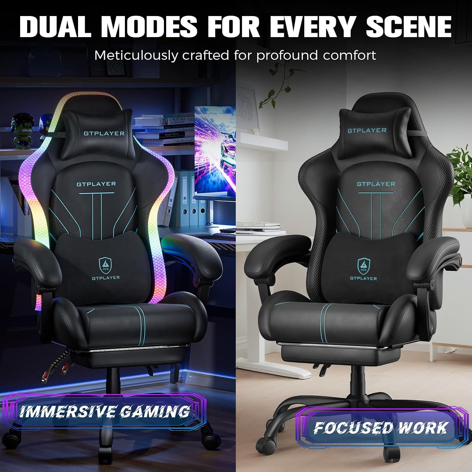 GTPLAYER Gaming Chair, Computer Chair with RGB LED Lights, High Back Ergonomic Chair for Adults with Footrest, Reclining Office Chairs, Linkage Armrest, Blue