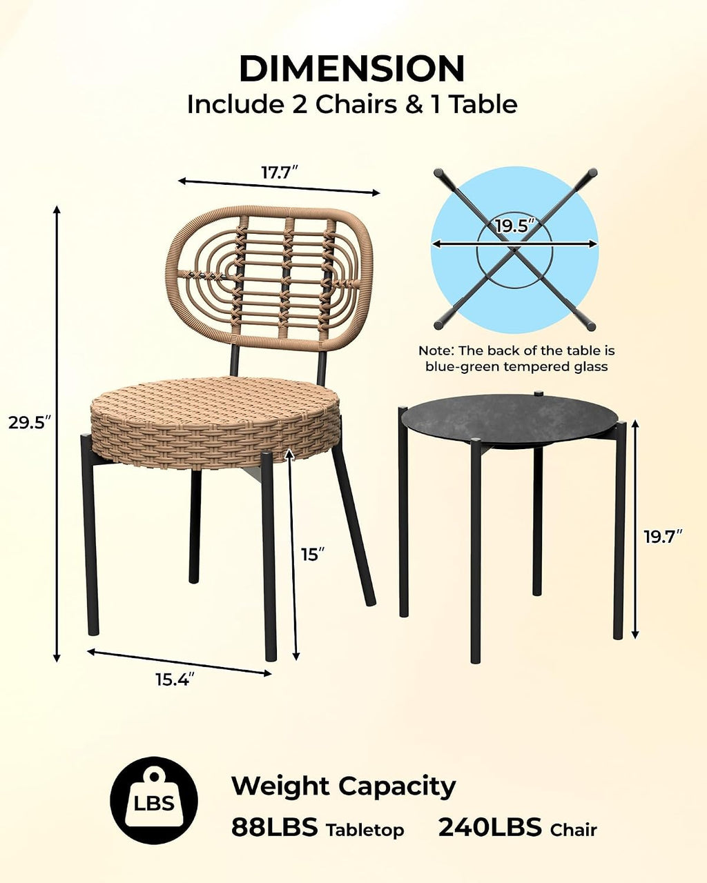 GarveeLife 3 Piece Wicker Patio Bistro Furniture Set, Outdoor Dining Chairs, Includes 2 Rattan Chairs and Tempered Glass Table, for Garden, Backyard, Balcony, Apartment, Black & Brown