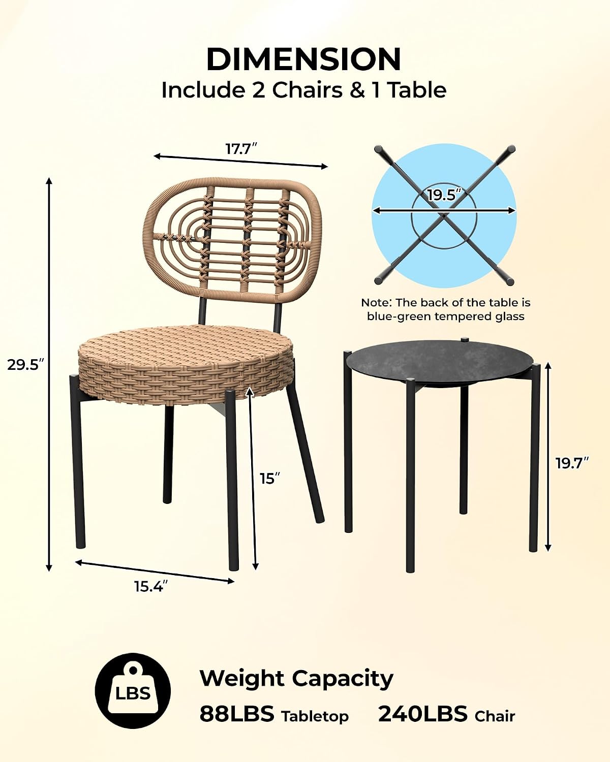 GarveeLife 3 Piece Wicker Patio Bistro Furniture Set, Outdoor Dining Chairs, Includes 2 Rattan Chairs and Tempered Glass Table, for Garden, Backyard, Balcony, Apartment, Black & Brown