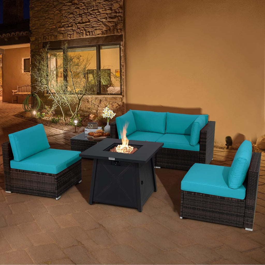 Tangkula 6-Piece Patio Furniture Set with 30' Propane Fire Pit Table, Outdoor PE Wicker Conversation Set with Cushions and Tempered Glass Coffee Table, Gas Fire Pit Table with 50,000 BTU (Turquoise)