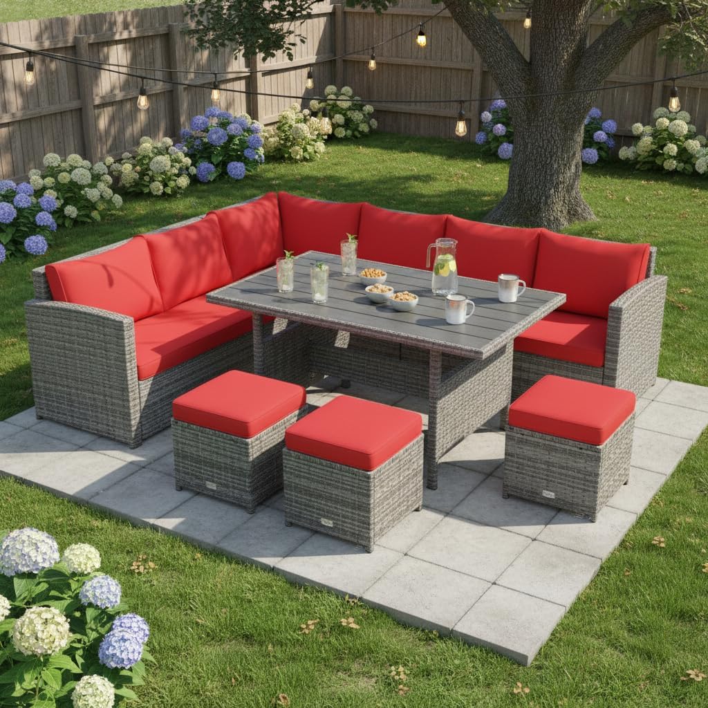 Tangkula 7 Pieces Patio Furniture Set, Outdoor Sectional Rattan Sofa Set with Cushions, All Weather Wicker Conversation Couch Set w/Dining Table & Ottomans for Backyard Garden Poolside