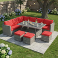 Tangkula 7 Pieces Patio Furniture Set, Outdoor Sectional Rattan Sofa Set with Cushions, All Weather Wicker Conversation Couch Set w/Dining Table & Ottomans for Backyard Garden Poolside