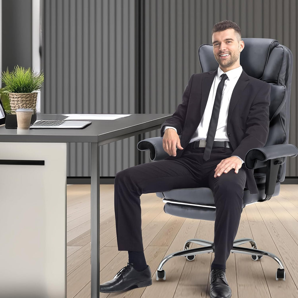 HOMREST 6-Point Massage Executive Chair,Heat Office Chair,Ergonomic Home Office Desk Chairs with Retractable Footrest and Reclining Function,Leather Computer Chair with Adjustable Armrest(‌Grey)