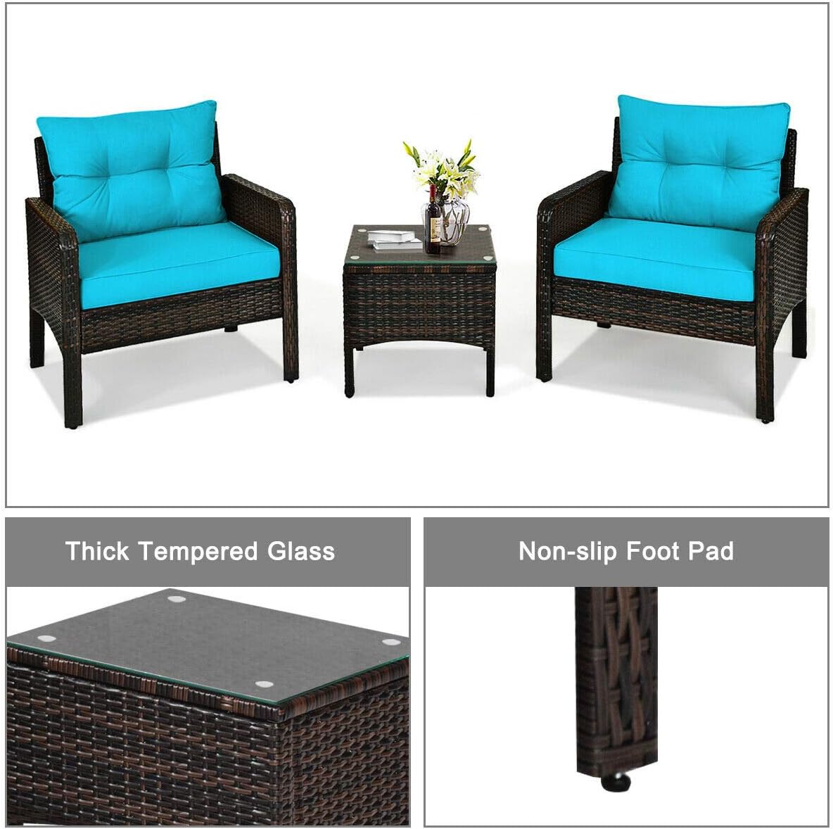 HAPPYGRILL 3 Piece Patio Furniture Set Outdoor Rattan Wicker Coffee Table & Chairs Set with Seat Cushions Patio Conversation Set for Garden Balcony Backyard Poolside