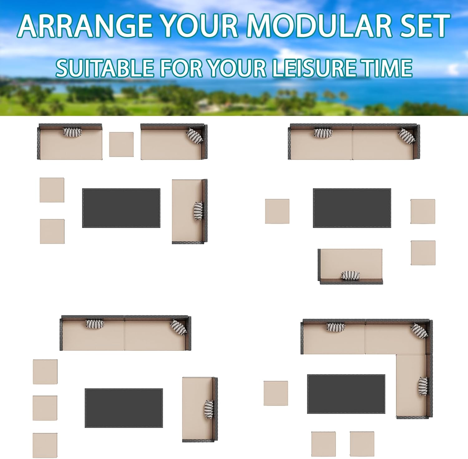 7-Piece Outdoor Patio Furniture Set, All-Weather Wicker Sectional Sofa with Cushions and 3 Pillows, Long Tempered Glass Coffee Table, Rattan Conversation Set for Garden, Porch, Lawn, Khaki