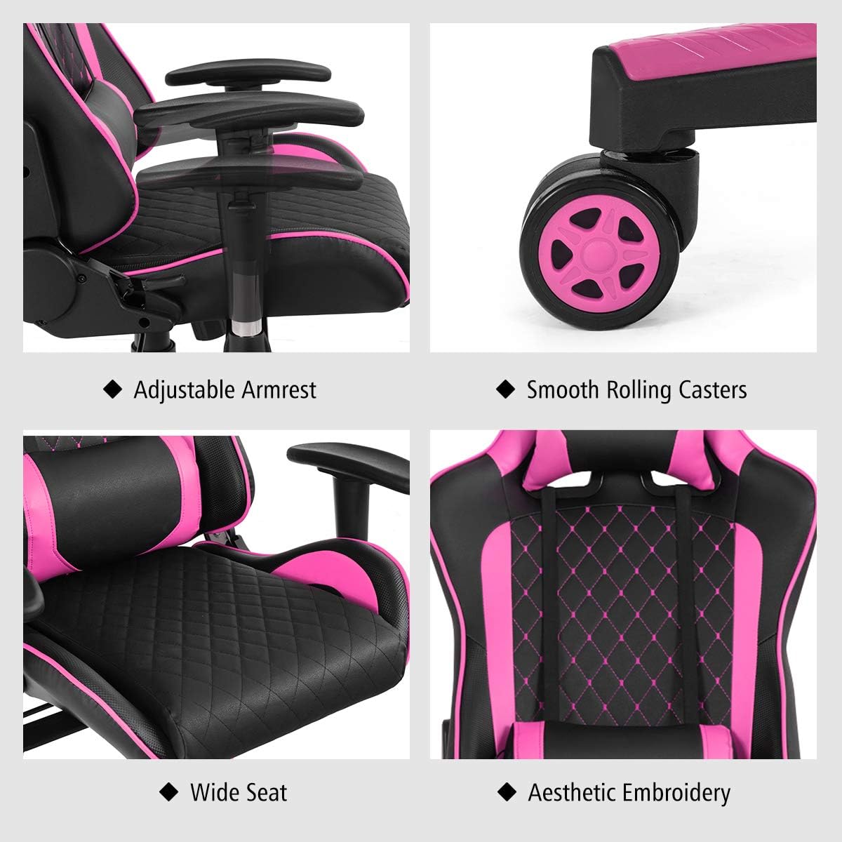 Goplus Massage Gaming Chair, Reclining Backrest Handrails and Seat Height Adjustment Racing Computer Office Chair, Ergonomic High Back Embroidered PU Swivel Game Chair with Headrest and Lumbar Cushion
