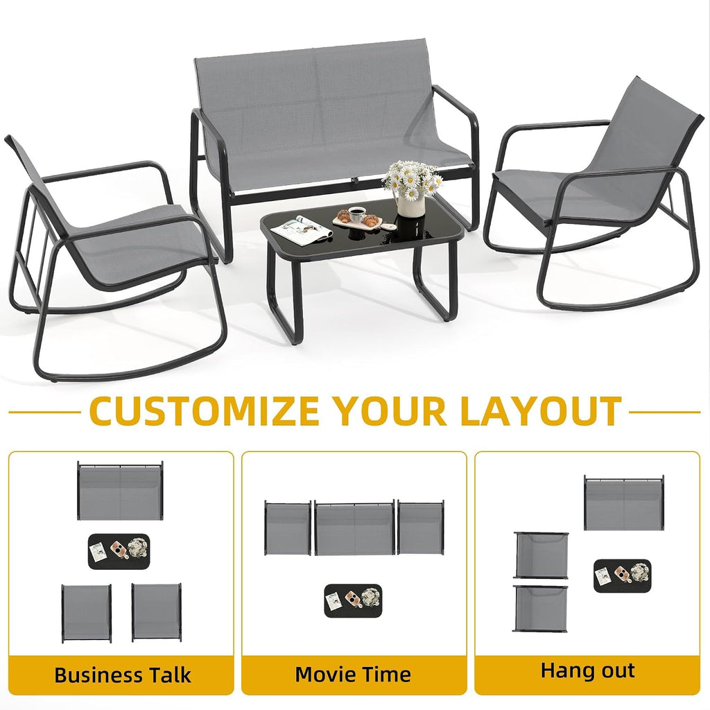DWVO 4-Piece Patio Furniture Set, Textilene Conversation Set with 2 Rocking Chairs and Tempered Glass Coffee Table, Ideal for Indoor Patio Lawn Garden Poolside, Gray