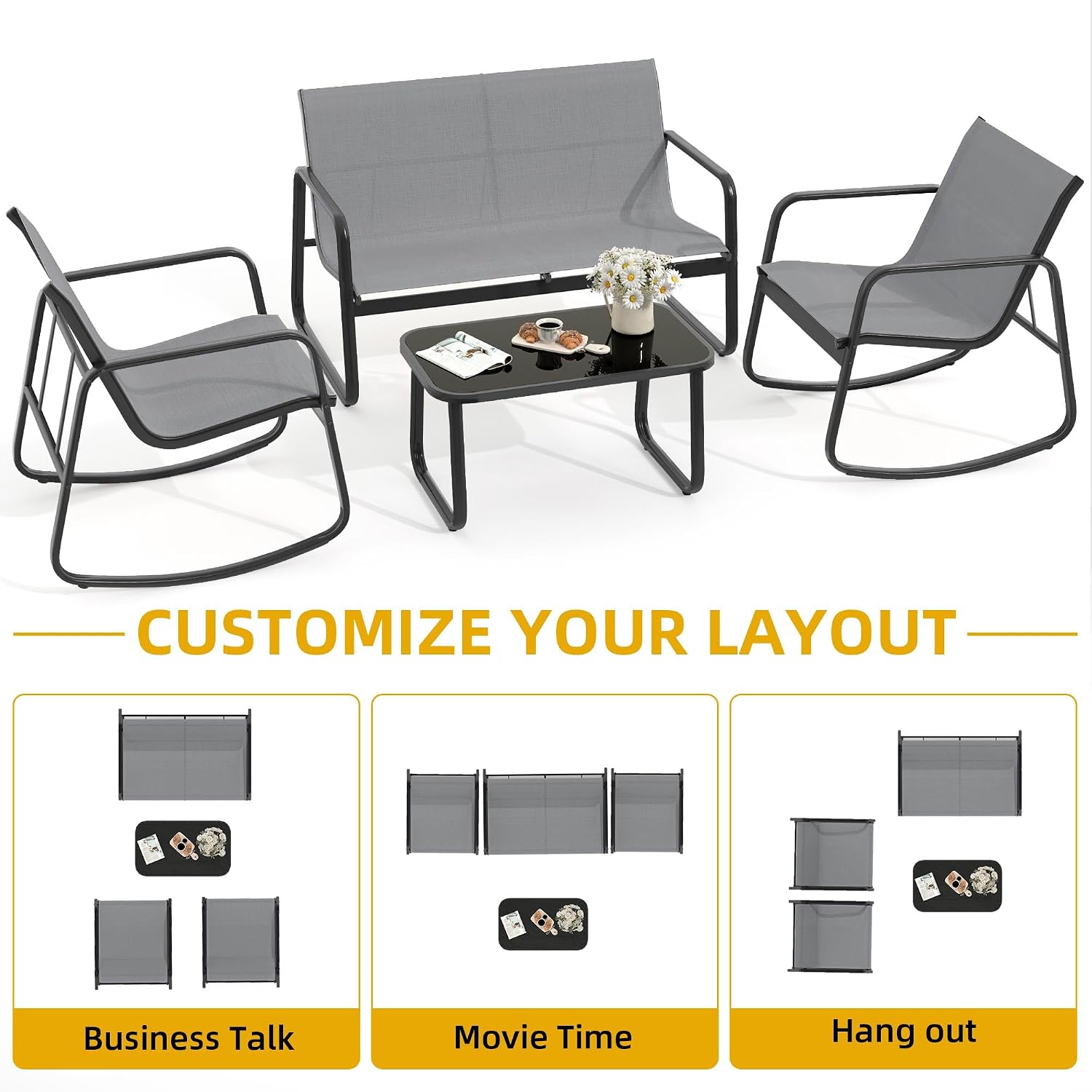 DWVO 4-Piece Patio Furniture Set, Textilene Conversation Set with 2 Rocking Chairs and Tempered Glass Coffee Table, Ideal for Indoor Patio Lawn Garden Poolside, Gray