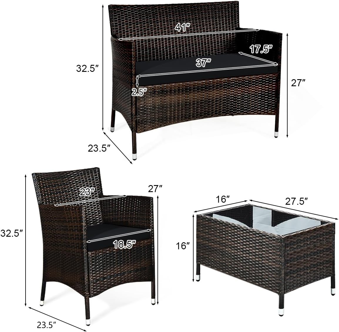 COSTWAY 4PCS Rattan Patio Furniture Set, Outdoor Wicker Rattan Chairs with Coffee Table, Rattan Cushioned Conversation Set for Backyard Balcony Porch Poolside, Black