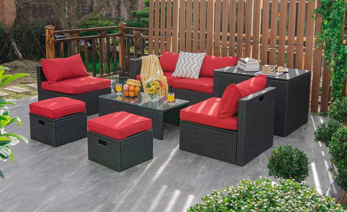 Tangkula 8 Pieces Patio Furniture Set with Waterproof Cover, Patiojoy Space Saving Outdoor PE Rattan Set with Storage Box, Tempered Glass Table, 2 Ottomans, 2 Armless Sofas & Corner Sofas