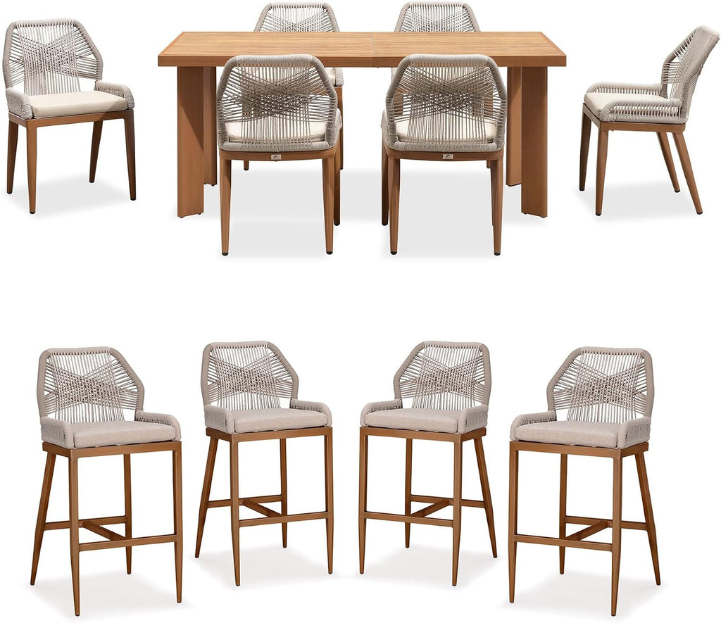 PURPLE LEAF 7 Pieces Dining Set Patio Metal Rectangular Table and Wicker Rattan Chairs for Outside Porch Garden Kitchen Modern Outdoor Furniture Sets with Counter Stools