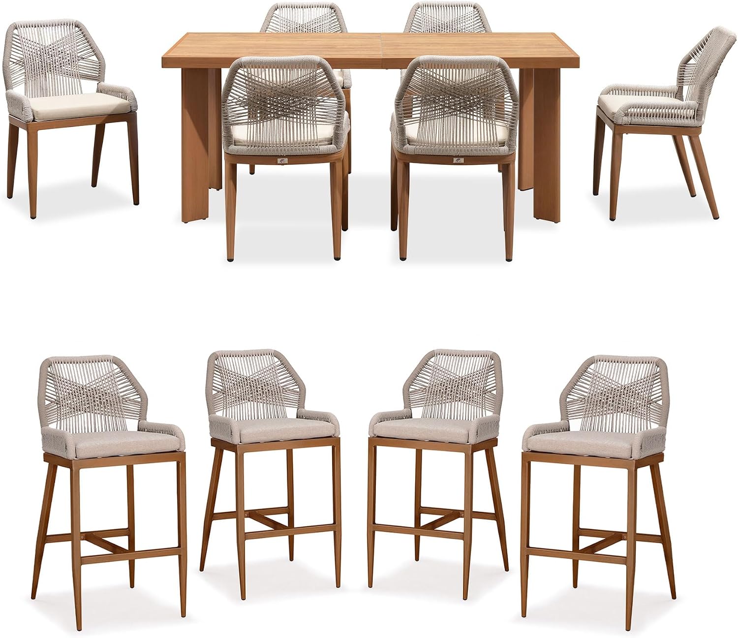 PURPLE LEAF 7 Pieces Dining Set Patio Metal Rectangular Table and Wicker Rattan Chairs for Outside Porch Garden Kitchen Modern Outdoor Furniture Sets with Counter Stools