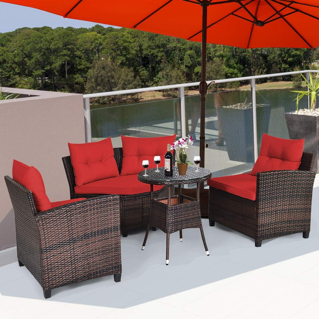 Tangkula 4-Piece C Shape Patio Furniture Set, Outdoor Corner Wicker Rattan Sectional Cushioned Sofa Set, with Glass Coffee Table, for Garden Poolside Balcony (Red)