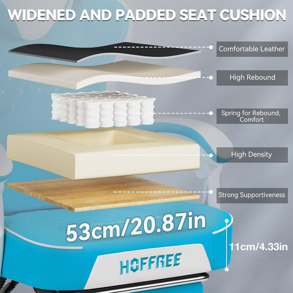 HOFFREE Gaming Chair with Speakers Massage Computer Gaming Chair with Pocket Spring Cushion for Adults Reclining Gamer Chair with Bluetooth Video Game Chairs with Footrest Sky Blue and White