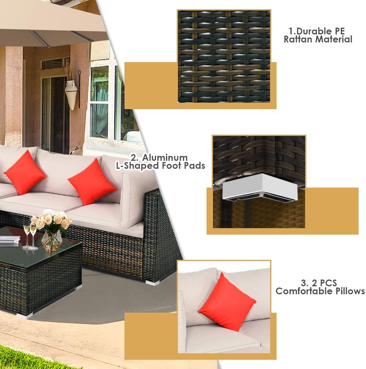 COSTWAY 5-Piece Outdoor Patio Furniture Set, Glass Top Coffee Table and Lounge Sofa with Cushions, PE Rattan Conversation Set for Garden, Deck, Backyard (Beige)