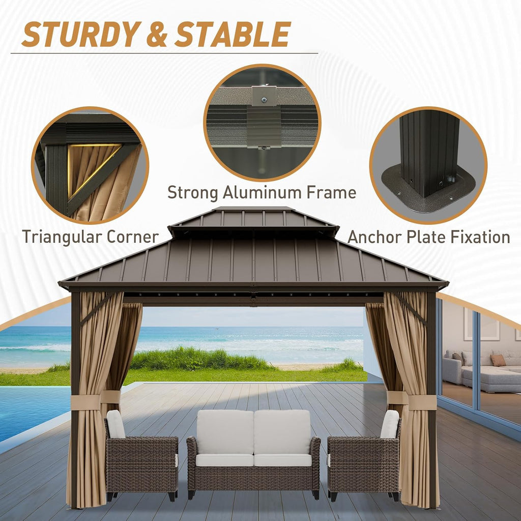 10x12 Hardtop Gazebo with Netting and Curtains, Galvanized Steel Double Roof Outdoor Pavilion with Aluminum Frame, Patio Gazebo for Deck, Garden, Lawn, Dark Brown/Tan