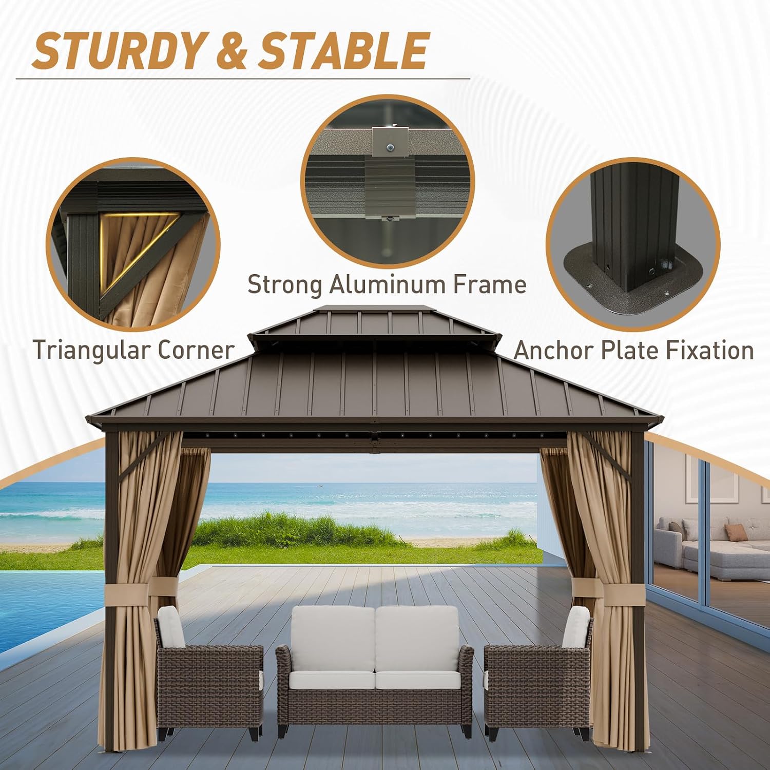 10x12 Hardtop Gazebo with Netting and Curtains, Galvanized Steel Double Roof Outdoor Pavilion with Aluminum Frame, Patio Gazebo for Deck, Garden, Lawn, Dark Brown/Tan