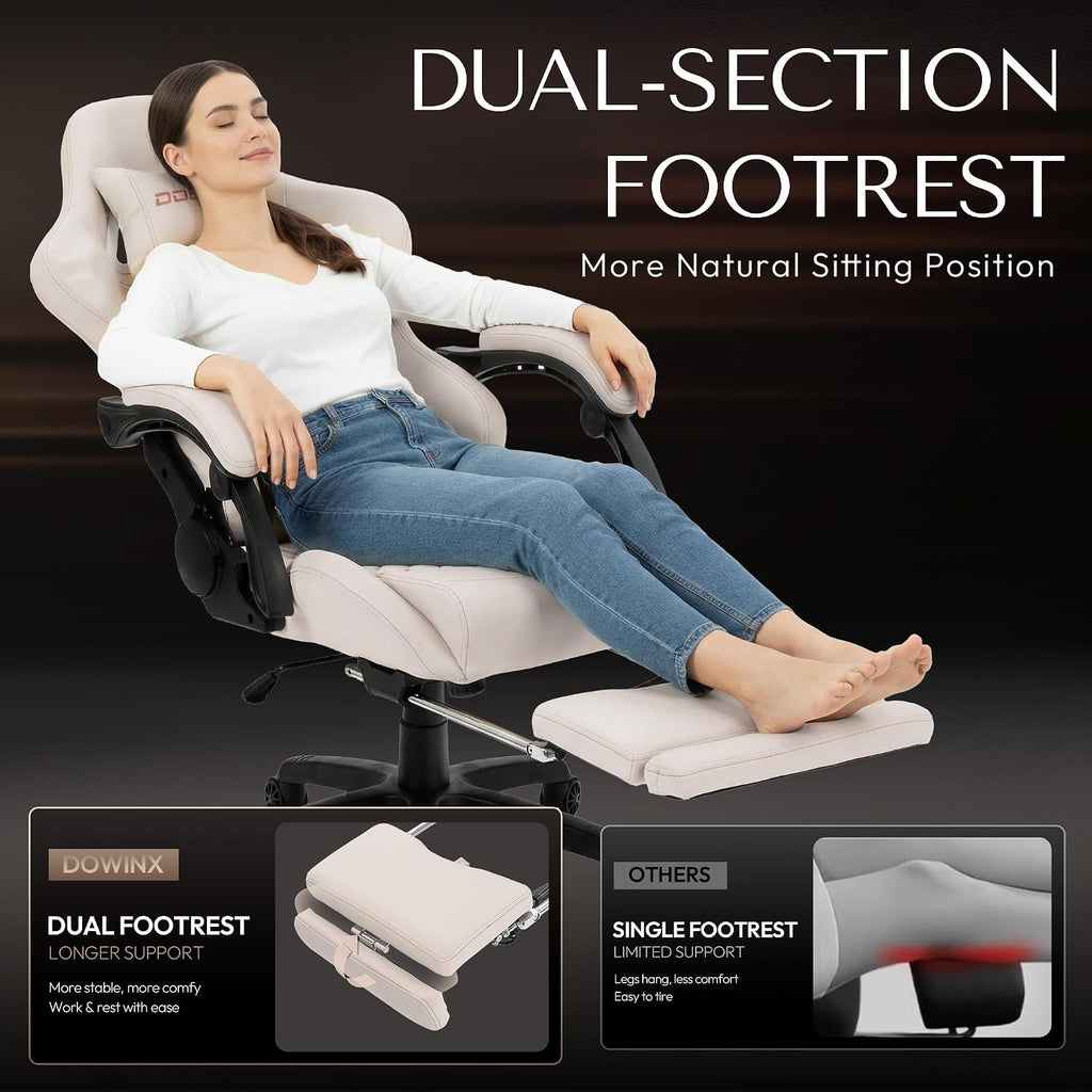 Dowinx Gaming Chair Big and Tall with Dual Extended Footrest & Massage, Ergonomic Reclining Computer Chair for Adults, Racing-Style Gamer Chair 400lbs Capacity, Heavy Duty Office PC Chair (White)