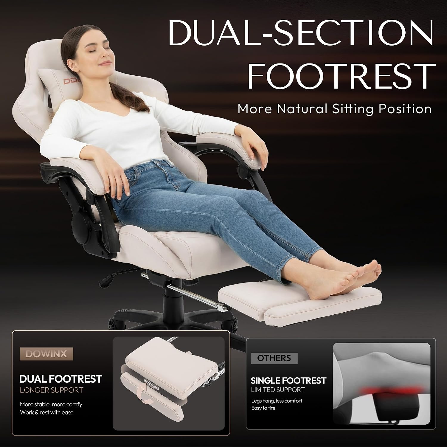 Dowinx Gaming Chair Big and Tall with Dual Extended Footrest & Massage, Ergonomic Reclining Computer Chair for Adults, Racing-Style Gamer Chair 400lbs Capacity, Heavy Duty Office PC Chair (White)