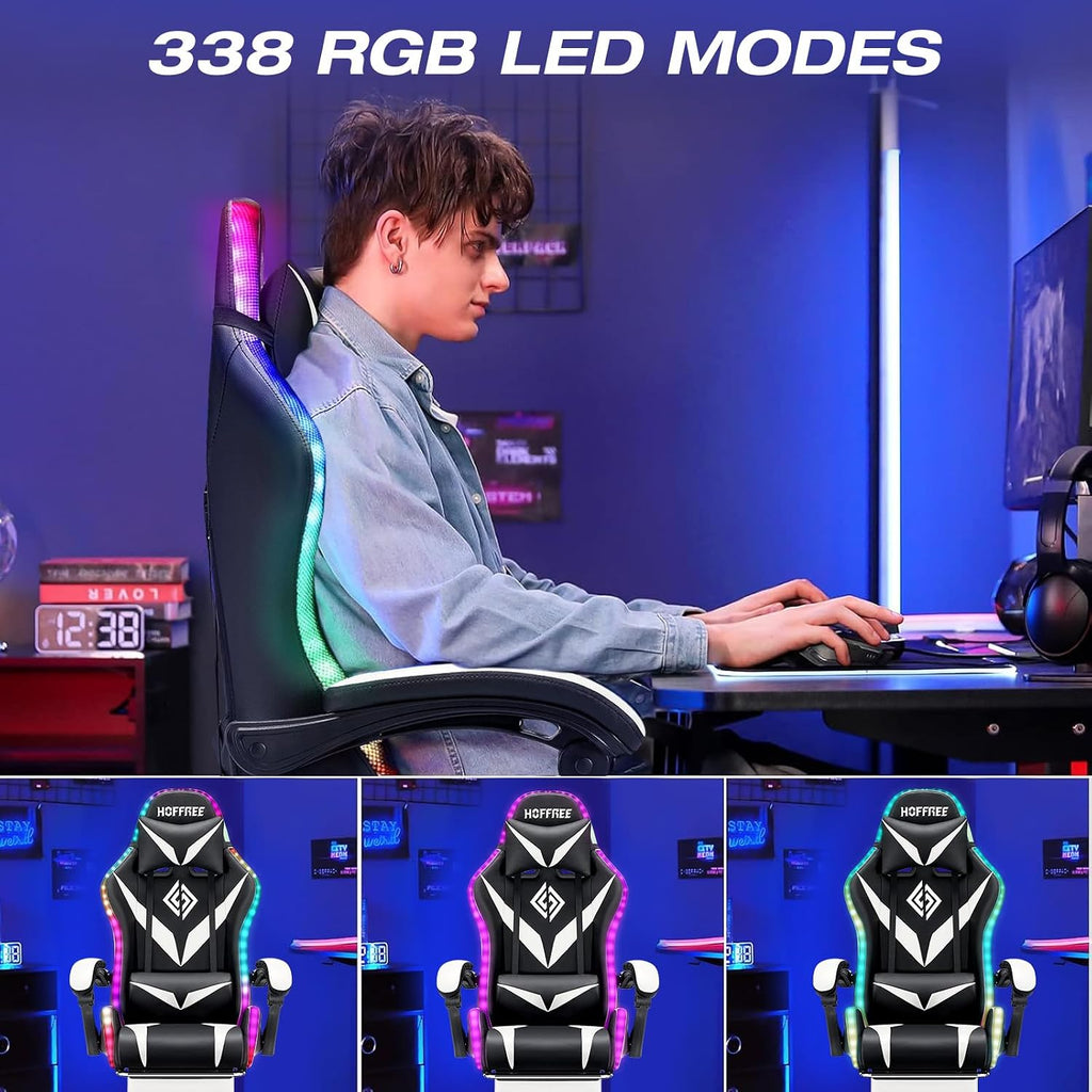 RGB Gaming Chair with Massage and LED Lights Ergonomic Computer Chair with Footrest Reclining High Back Video Game Chair for Adults with Adjustable Lumbar Support White and Black