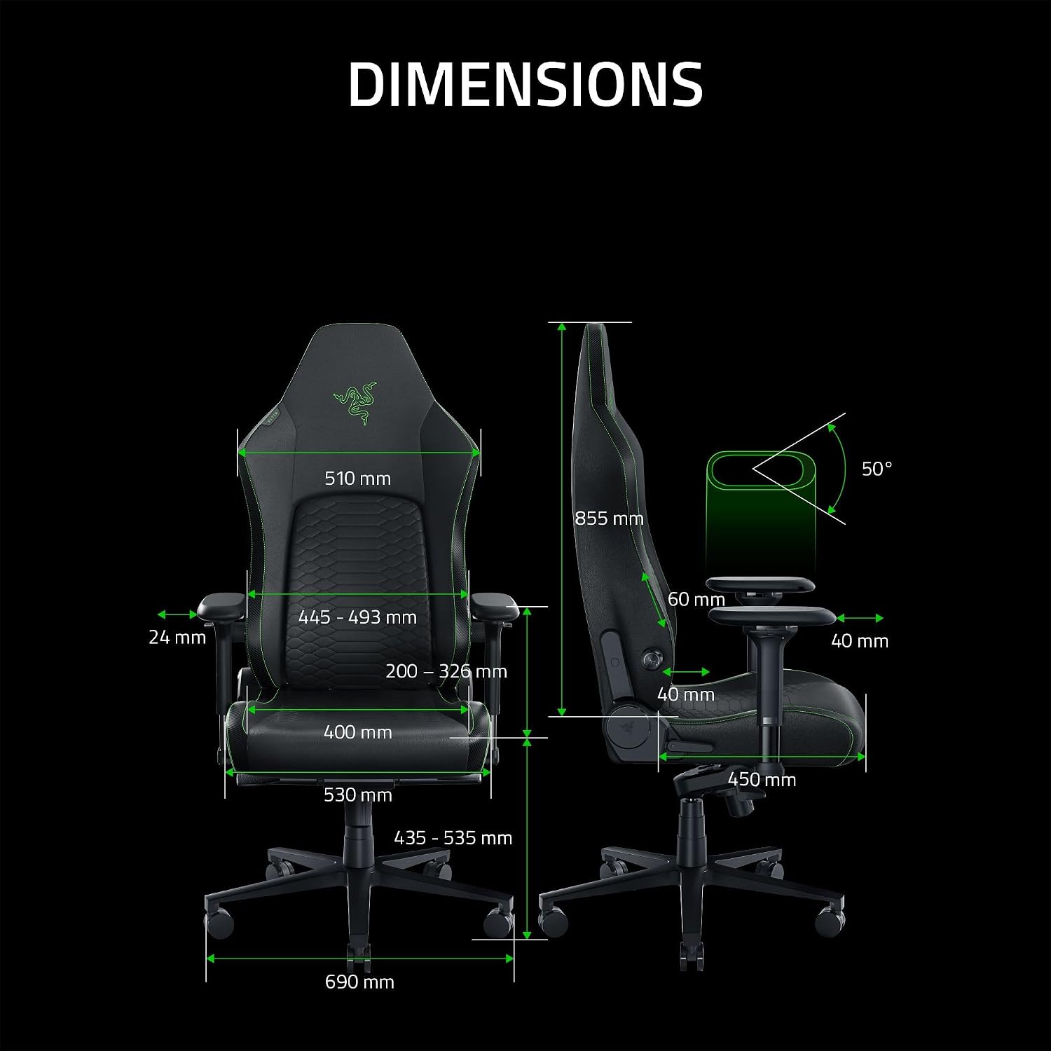 Razer Iskur V2 Gaming Chair: Adaptive Lumbar Support - Adjustable Lumbar Curve - High Density Foam Cushions - Reactive Seat Tilt &152-degree Recline - 4D Armrests - Synthetic Leather - Black/Green