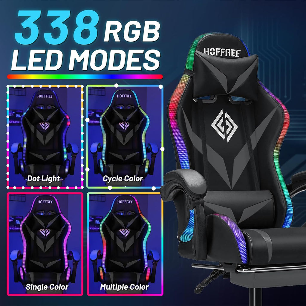 Gaming Chair Massage with LED RGB Lights and Footrest Ergonomic Computer Chair High Back Video Game Chair with Adjustable Lumbar Support Linkage Armrest Grey and Black