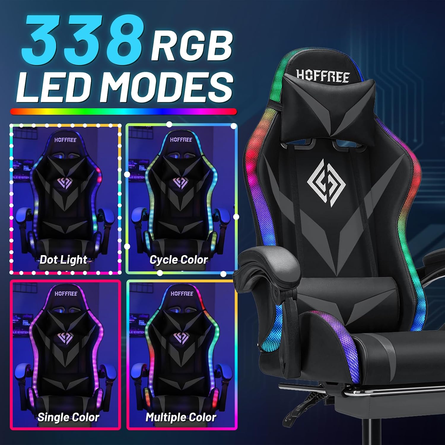 Gaming Chair with Bluetooth Speakers and RGB LED Lights Ergonomic Massage Computer Gaming Chair with Footrest Video Game Chair High Back with Lumbar Support Grey and Black