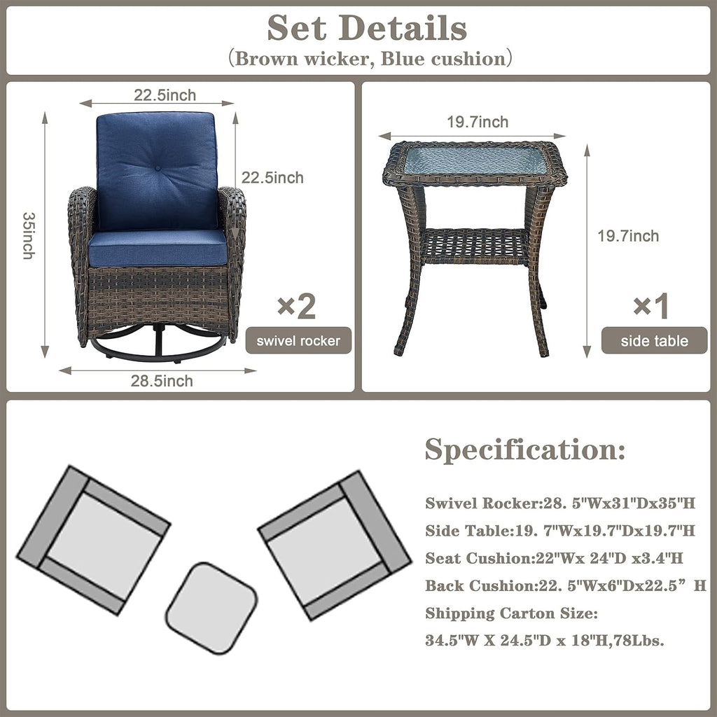 Belord Patio Wicker Chairs Swivel Rocker - Outdoor Swivel Rocking Chairs Set of 2 with Rattan Side Table, Patio Swivel Glider Chair 3 Piece Patio Furniture Sets for Deck Porch Pool Brown/Blue