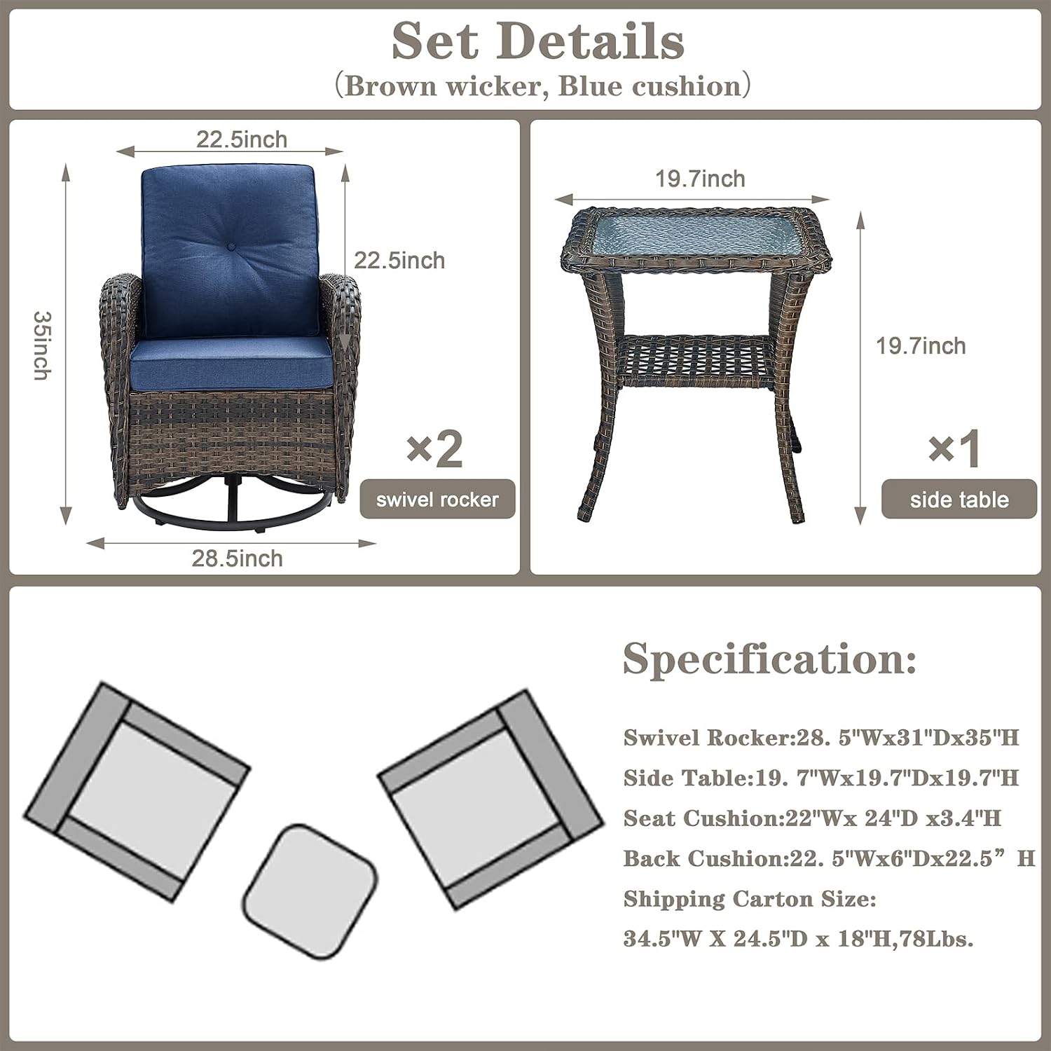 Belord Patio Wicker Chairs Swivel Rocker - Outdoor Swivel Rocking Chairs Set of 2 with Rattan Side Table, Patio Swivel Glider Chair 3 Piece Patio Furniture Sets for Deck Porch Pool Brown/Blue