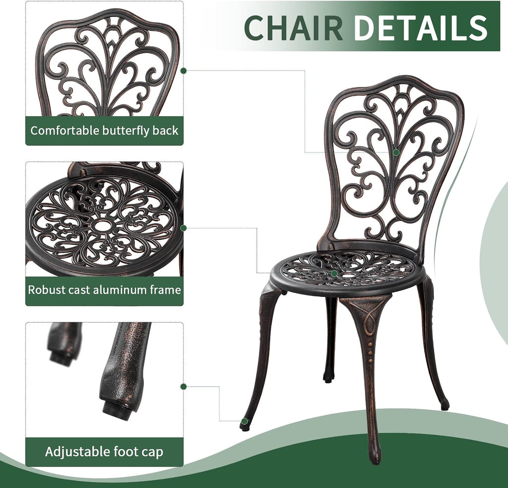 Outdoor Bistro Set 3 Piece Patio Bistro Set with Umbrella Hole, Weather Resistant Bistro Table and Chairs Set of 2 for Porch Garden, Bronze