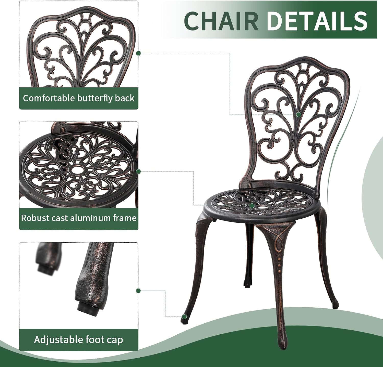 Outdoor Bistro Set 3 Piece Patio Bistro Set with Umbrella Hole, Weather Resistant Bistro Table and Chairs Set of 2 for Porch Garden, Bronze