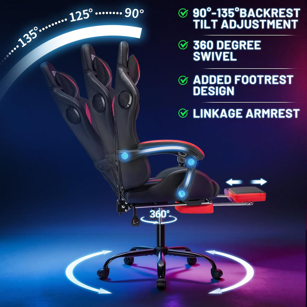 HOFFREE Gaming Chair Massage with Bluetooth Speakers and Led Lights Ergonomic Computer Gaming Chair with Footrest RGB Video Game Chair with High Back Lumbar Support Red and Black