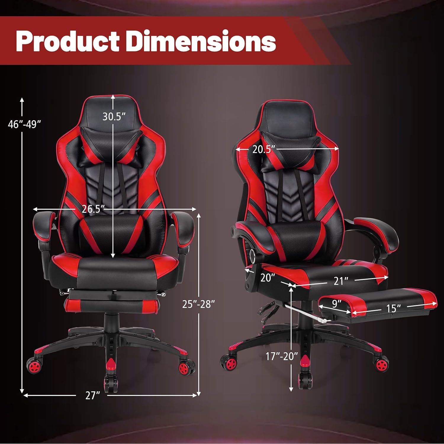Goplus Gaming Chair, Computer Chair with Footrest and Lumbar Support, Height Adjustable Executive Swivel Rolling Task Chair with 90°-155° Tilt Function (Red)