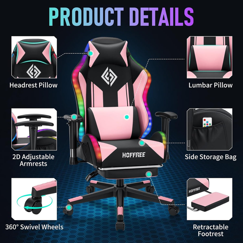 HOFFREE RGB LED Gaming Chair for Kids Reclining Gaming Chairs for Teens 8-15 Computer Chair with RGB Lights Kids PC Game Chair with Footrest and Lumbar Support Video Game Chairs Pink and Black