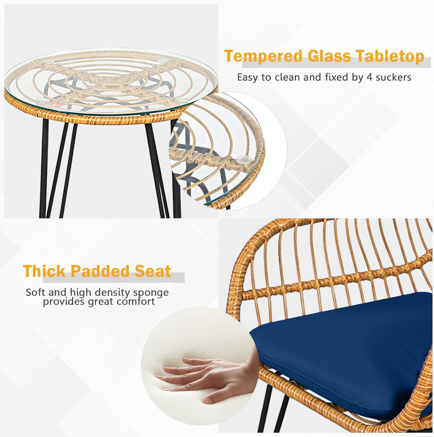 Tangkula 3 Pieces Patio Bistro Set, Rattan Conversation Set with 2 Cushioned Armchairs & Round Glass Coffee Table, Indoor Outdoor Wicker Furniture Set for Balcony, Backyard, Garden, Poolside