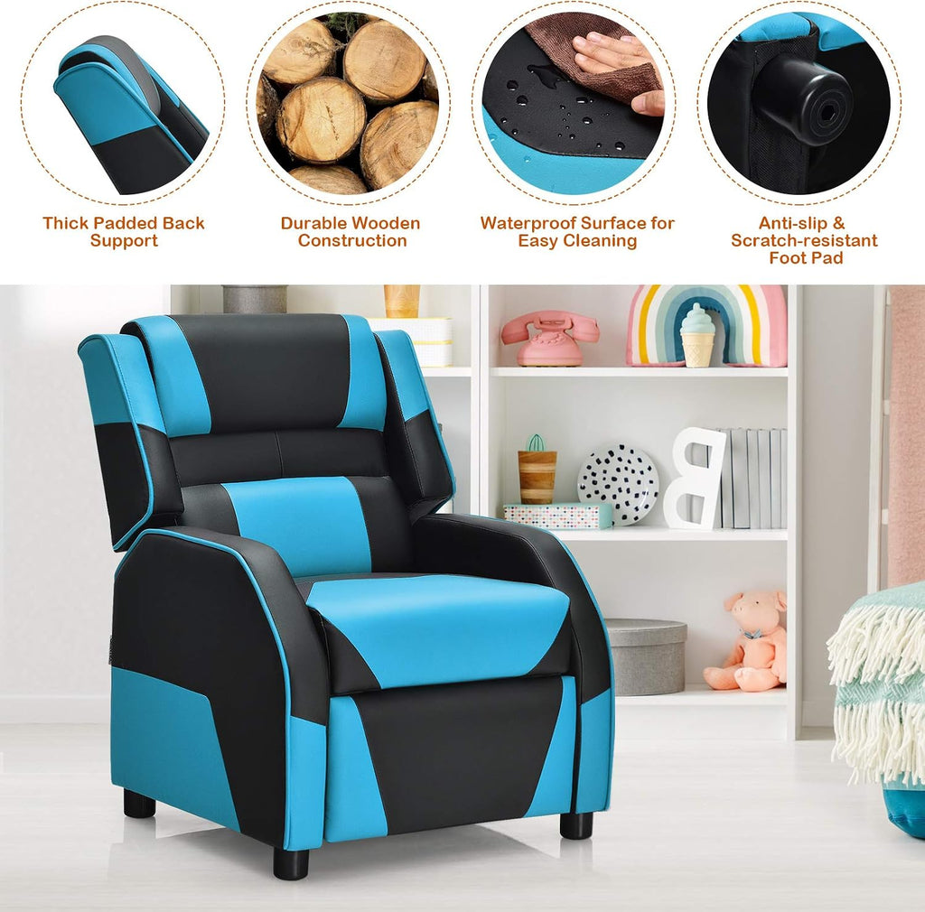 Giantex Kids Recliner, Gaming Recliner Chair with Footrest, Headrest & Lumbar Support, Ergonomic Leather Lounge Chair Toddler Furniture, Adjustable Racing Style Recliner Sofa for Boys Girls, Blue
