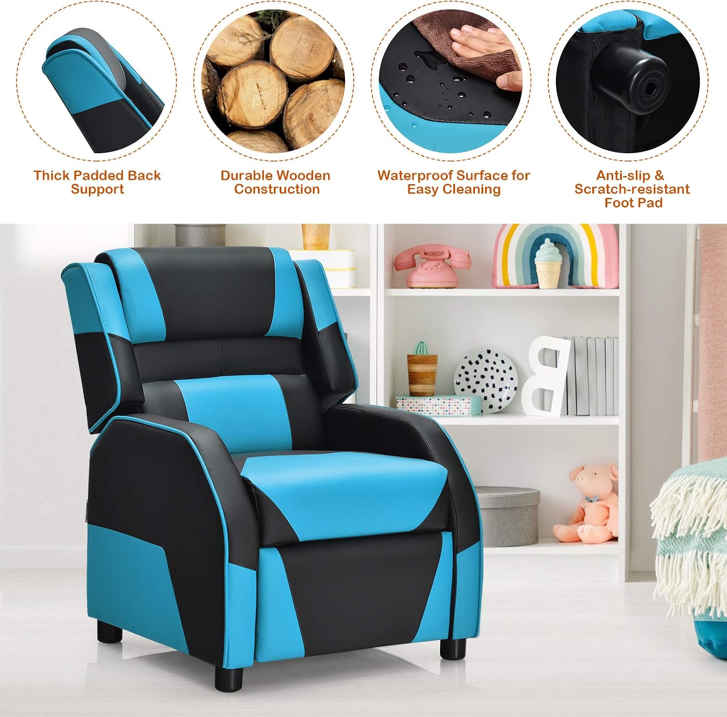 Giantex Kids Recliner, Gaming Recliner Chair with Footrest, Headrest & Lumbar Support, Ergonomic Leather Lounge Chair Toddler Furniture, Adjustable Racing Style Recliner Sofa for Boys Girls, Blue
