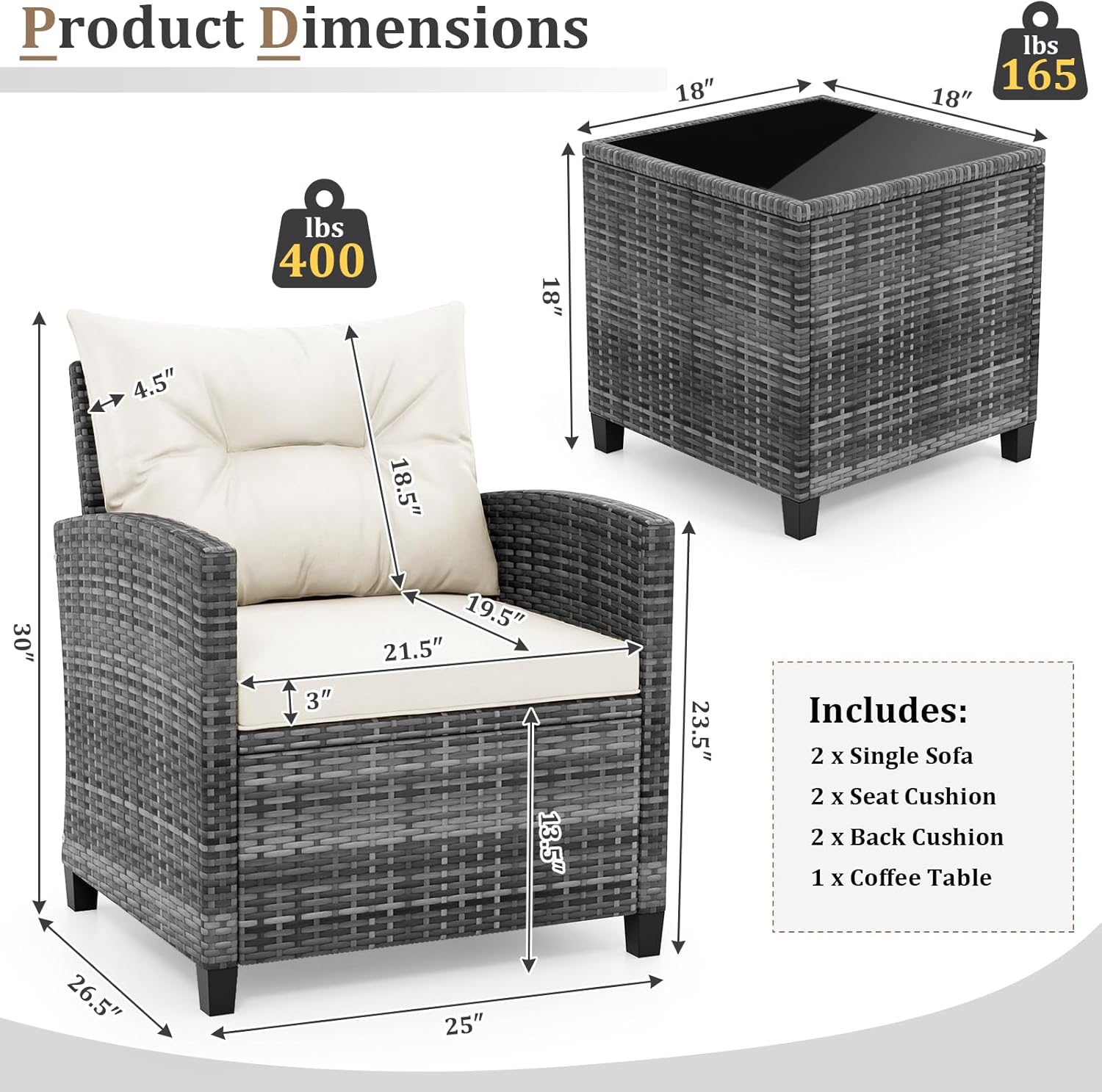 KOTEK 3 Piece Patio Furniture Set, Outdoor PE Rattan Conversation Set with Washable Cushions & Tempered Glass Tabletop, Wicker Chairs and Table Set for Porch, Garden, Balcony (White)