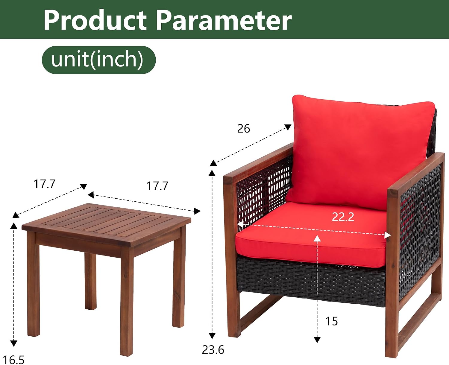 PayLessHere 3 Pieces Patio Set Wicker Patio Furniture Acacia Wood Outdoor Patio Furniture Set Rattan Chair Conversation Sets Bistro Set with Coffee Table and Water Resistant Cushions(Red)
