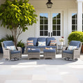 ovios 6-Pieces Patio Furniture Set, Outdoor Wicker Sofa Couch with Swivel Glider Chairs Comfy Cushions, High Back Modern Conversation Set, Grey Rattan, Denim Blue