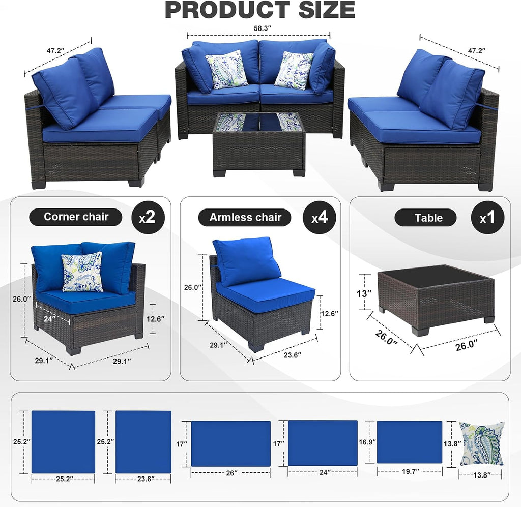 7 Pieces Patio Furniture Set (Brown/Blue), All-Weather Outdoor Sectional Sofa with Anti-Slip Cushions & 2 Pillows, Conversation Set Perfect for Garden, Lawn, Deck