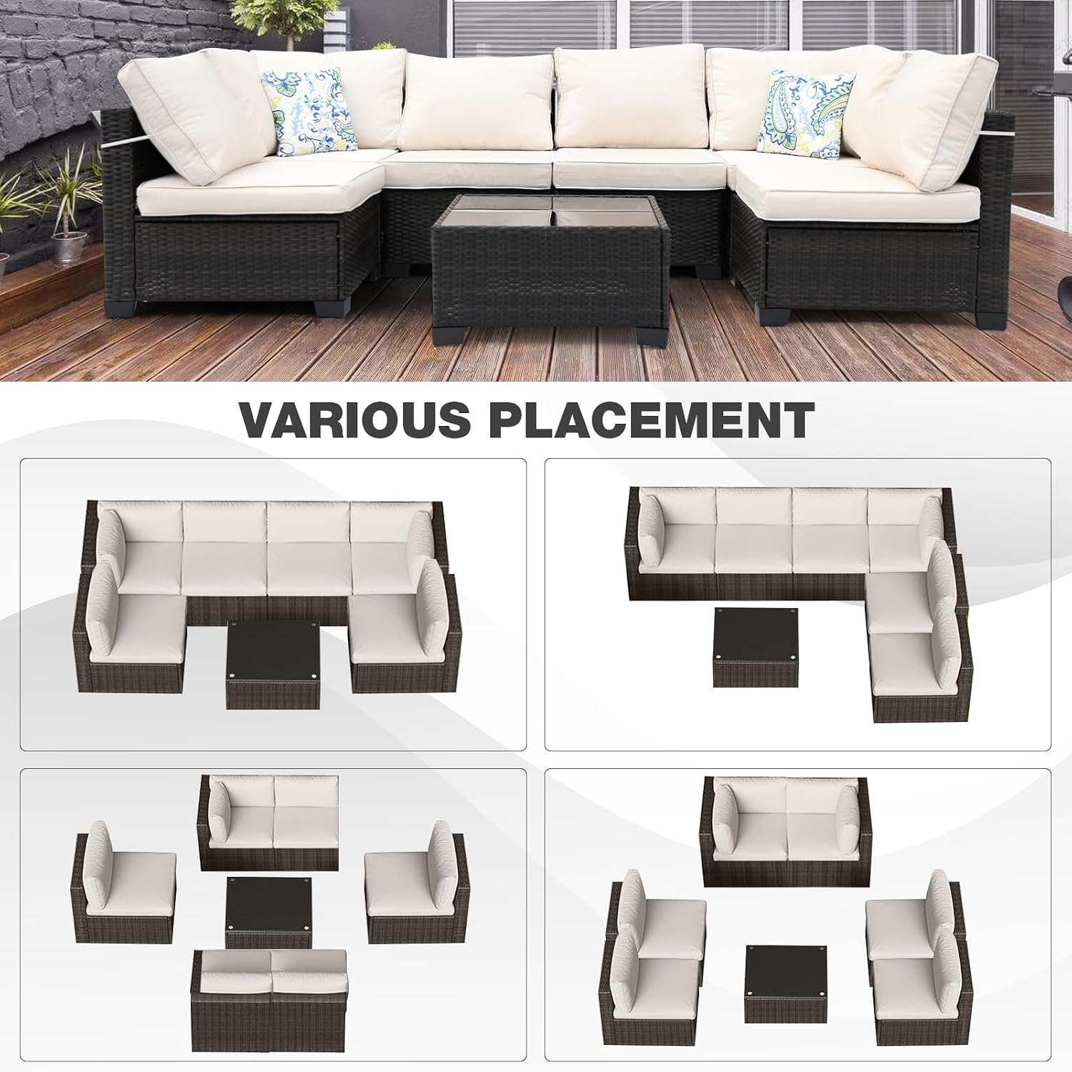 7 Pieces Patio Furniture Set (Brown/Beige), All-Weather Rattan Outdoor Sectional Sofa Set with Anti-Slip Cushions and 2 Pillows, Perfect for Deck, Garden, Lawn