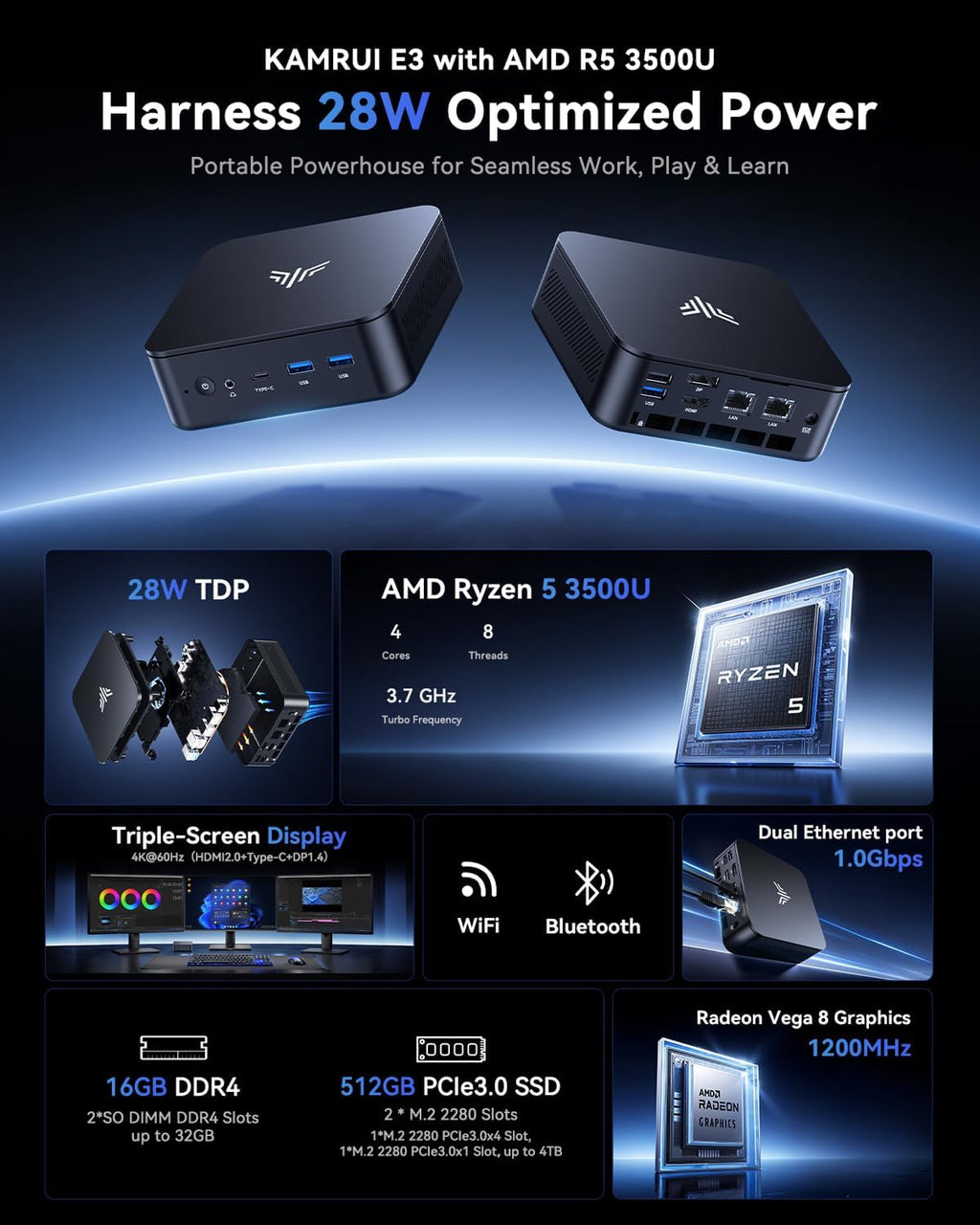 KAMRUI E3 Mini PC, AMD Ryzen 5 3500U 16GB RAM 512GB ROM Mini Computers(Beat 3550H/N150), 4C/8T, Up to 3.7GHz Micro pc, 4K Triple Display USB3.2 Type-C+HDMI+DP, Dual LAN Port mini Desktop Computers