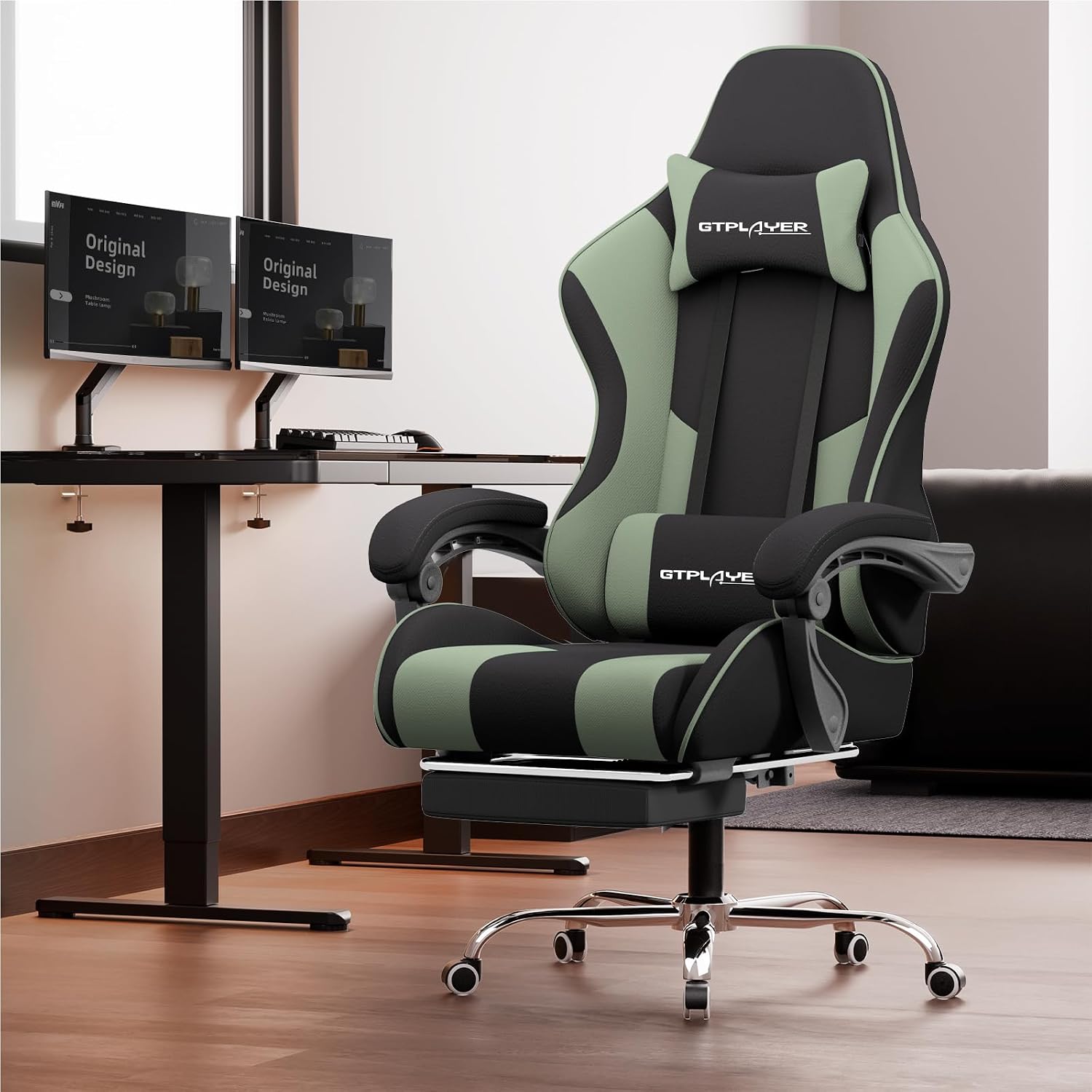 GTPLAYER Gaming Chair, Computer Chair with Footrest and Lumbar Support, Height Adjustable Game Chair with 360°-Swivel Seat and Headrest and for Office or Gaming (Green, Fabric)