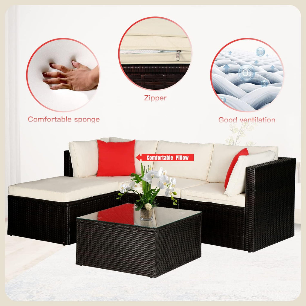 5 Pieces Patio Furniture Sets Outdoor Furniture Patio Sofa Wicker Sectional Sofa Modular Outdoor Conversation Set with 2 Red Pillow 2 Corner Chairs Armless Chair Ottoman Glass Table,Khaki Cushion