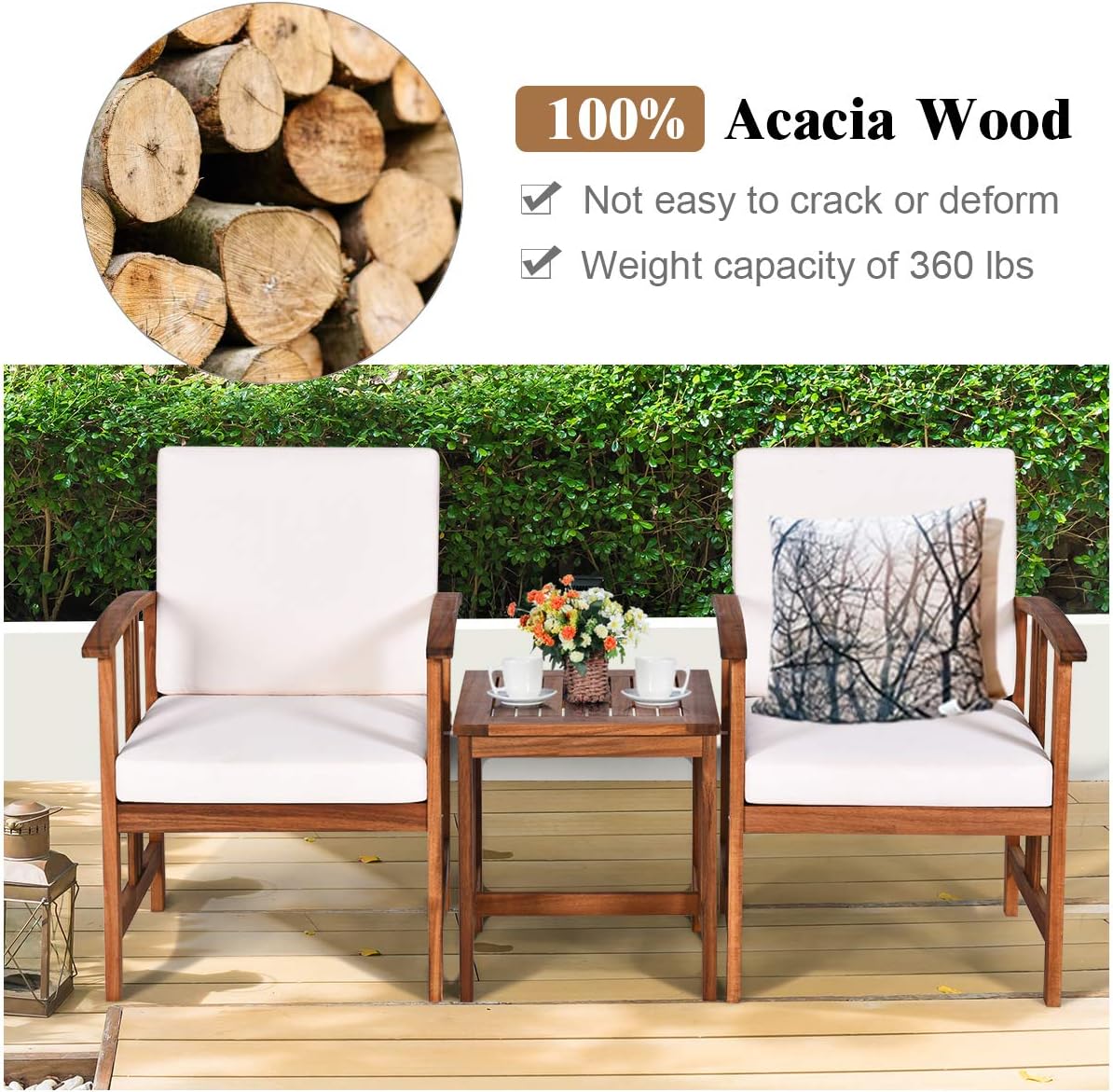 Tangkula 3 Pieces Patio Furniture Set, Includes Set of 2 Outdoor Acacia Wood Cushioned Chairs and Coffee Table, for Garden, Backyard, Poolside, Bistro and Deck, Patio Conversation Chat Set (White)