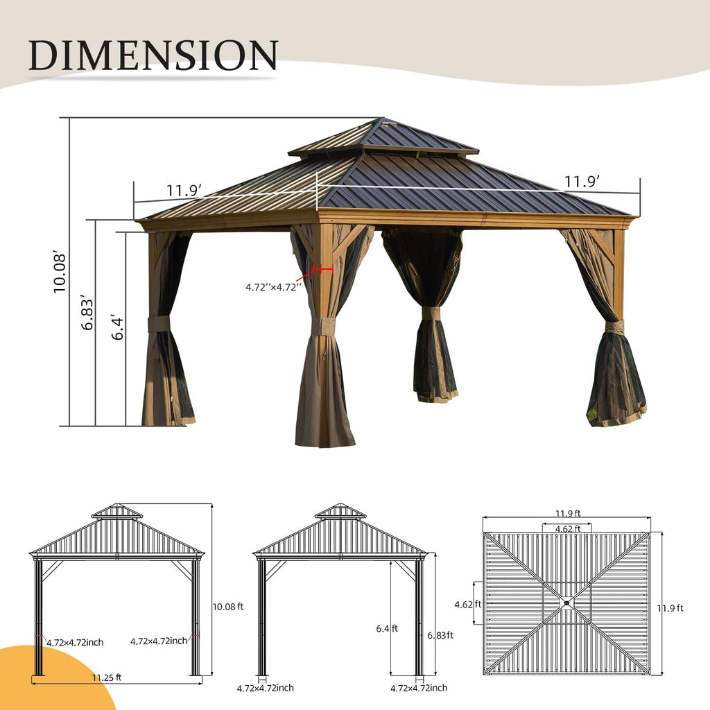 12' x 12' Hardtop Gazebo Outdoor Aluminum Gazebos Wood Grain with Galvanized Steel Double Canopy for Patios Deck Backyard,Curtains&Netting by domi outdoor living