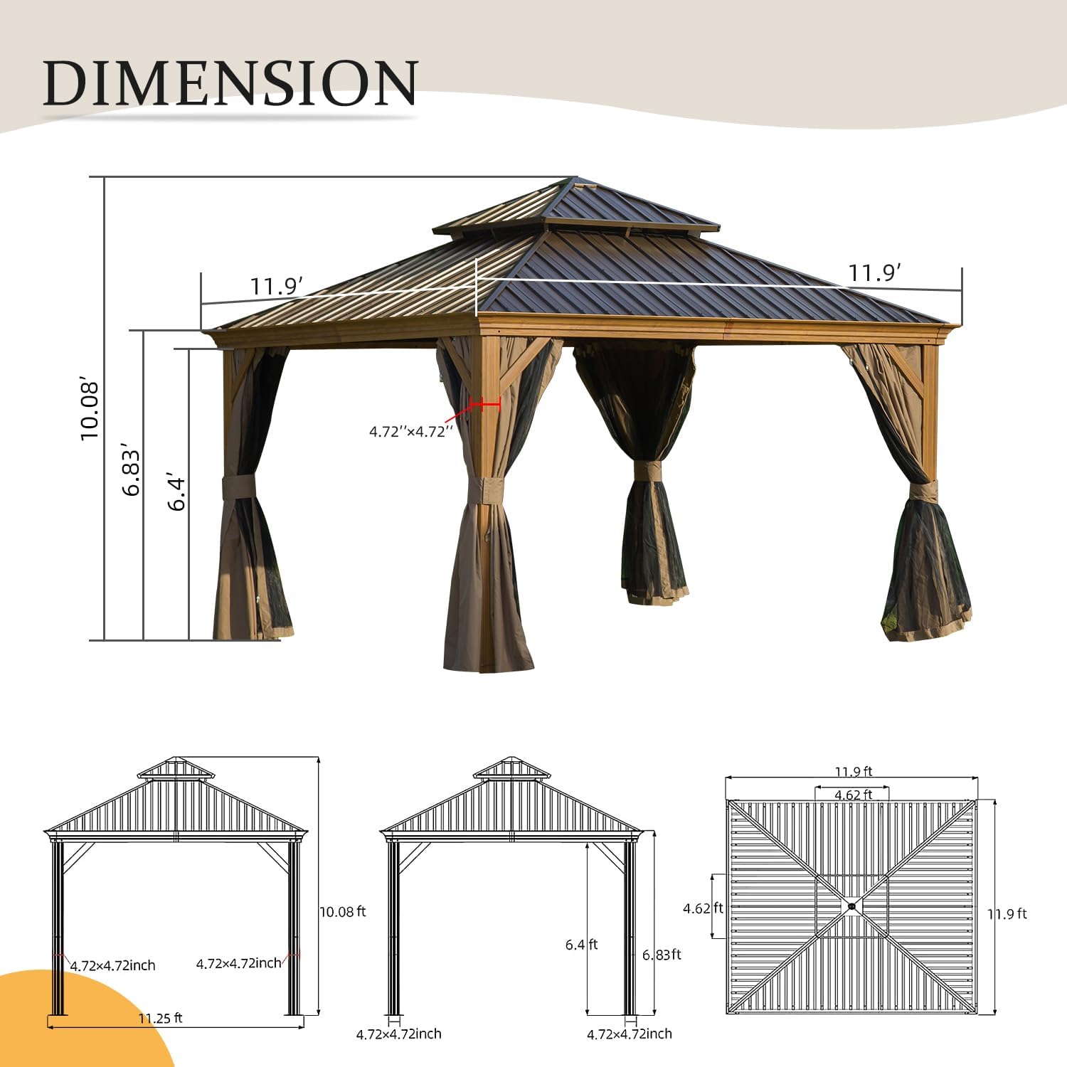12' x 12' Hardtop Gazebo Outdoor Aluminum Gazebos Wood Grain with Galvanized Steel Double Canopy for Patios Deck Backyard,Curtains&Netting by domi outdoor living