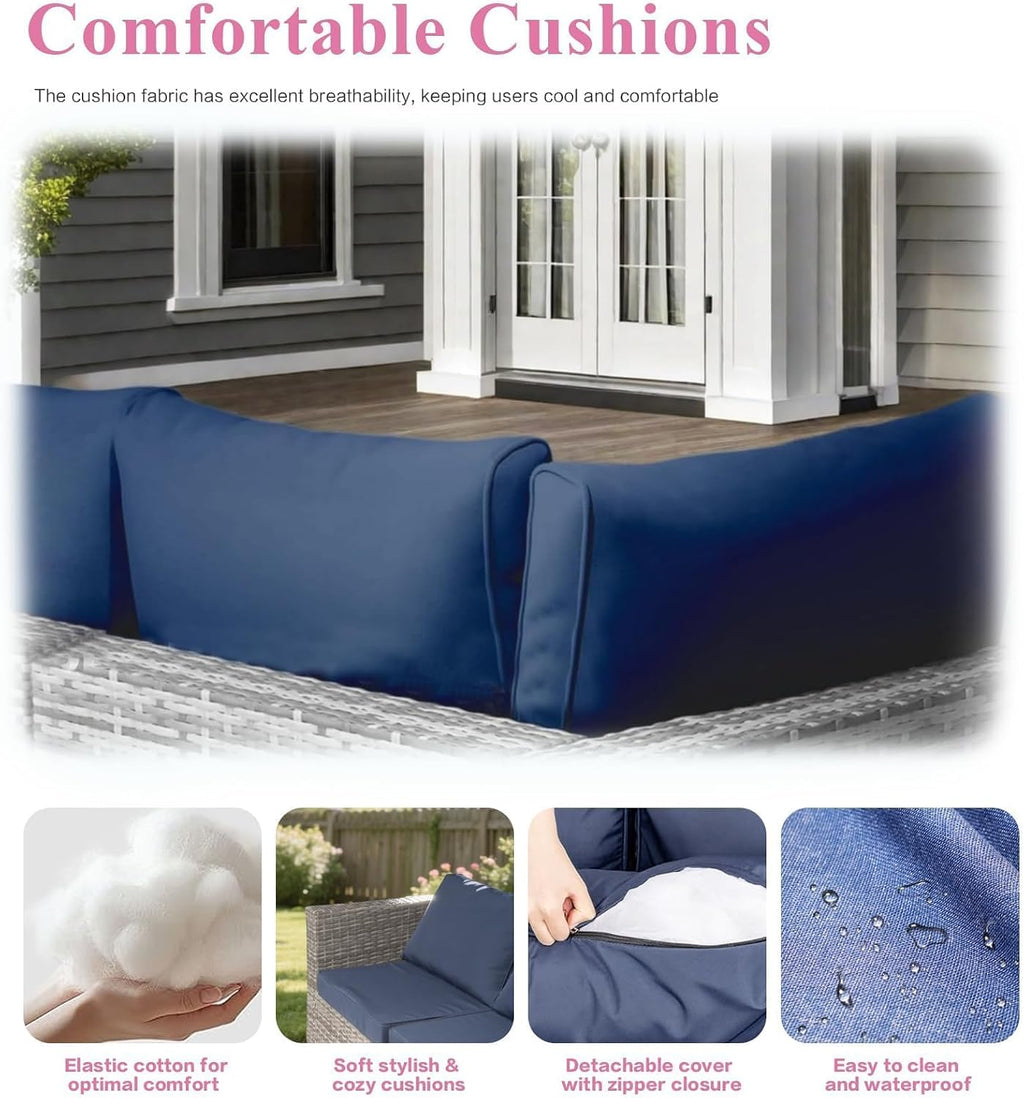 7-Piece Outdoor Rattan Sectional Sofa Set, Gray Wicker Patio Furniture Sets with Navy Blue Cushions for Balcony, Porch, Backyard